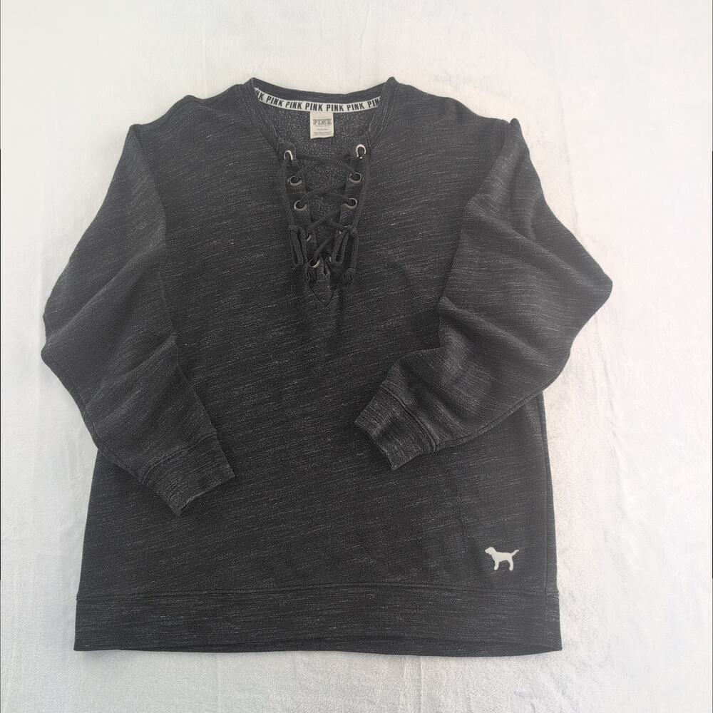 PINK Vicoria's Secret Lace Up Sweatshirt Women's Med Black/Grey Lounge Oversized